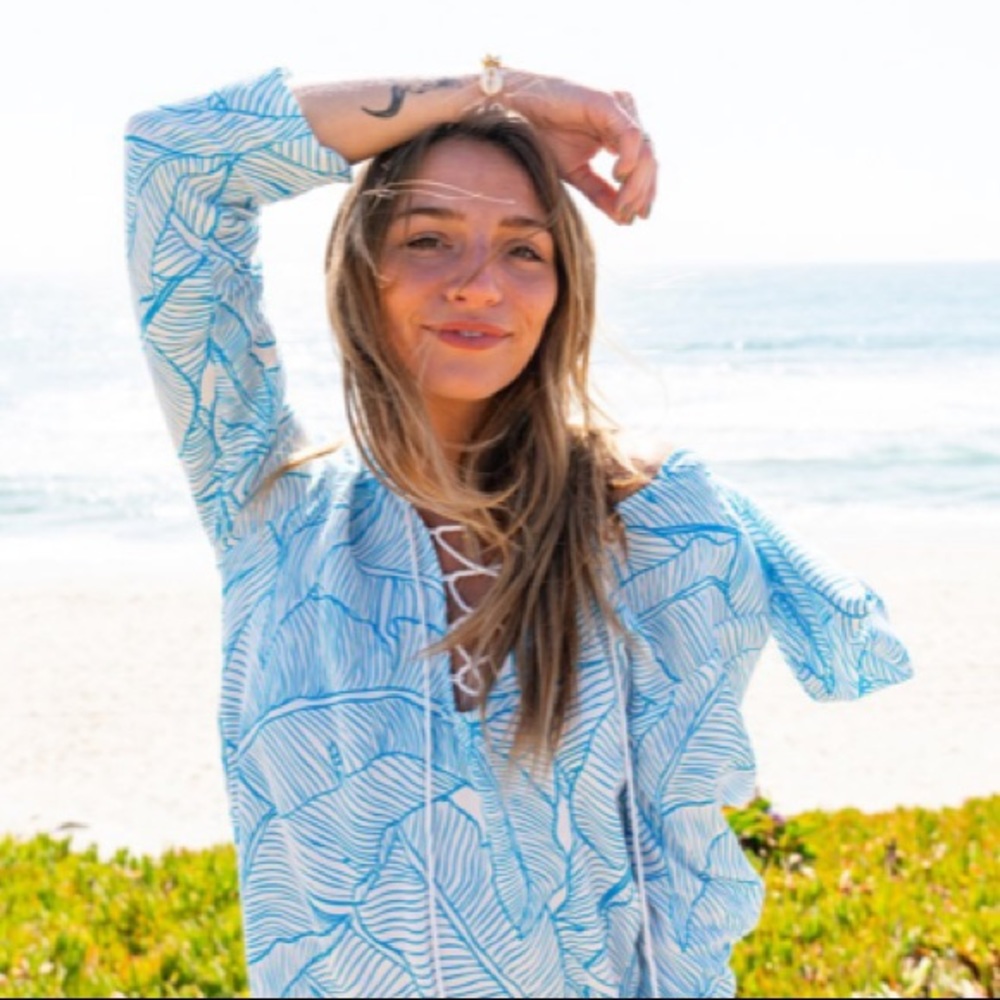 Charlie Holiday The Coco Cover Up Hooded Tropical Banana Leaf Blue Medium - Picture 3 of 14